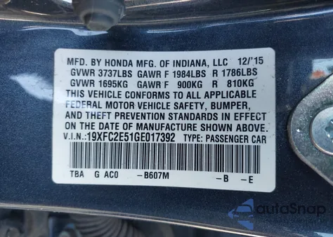 2016 Honda Civic Lx z USA, uszkodzony, nr VIN 19XFC2E51GE017392